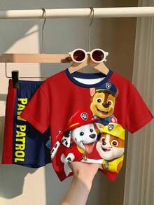SHEIN | PAW Patrol 小男孩休閒簡約風，寬鬆舒適，經典可愛卡通動畫圖案印花，可愛小狗圓領短袖T恤與短褲2件組，適合春夏季 - 彩色 - 查看 3