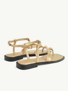 CUCCOO CHICEST Women's Shoes Metal Button Toe Square Head Roman Shoes Soft Sole Beach Gold Open Toe Cross Flat Sandals Vacation Casual - Light gold - View 6