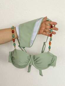Swim Chiccia 2026 New Women's Summer Beach Vacation Elegant Beaded Decor Pleated Underwire  Sage Green Backless Bikini Swimsuit Set - Green - View 3