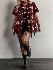 Flirla Black Minimalist Comfortable Casual Turndown Collar Printed Short Sleeve Shirt - Burgundy - View 3