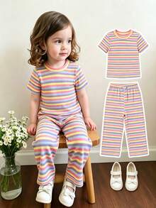 Elladie kids 2件套女童彩色条纹针织T恤和喇叭裤套装，圆领短袖上衣搭配彩色条纹针织休闲喇叭裤，适合女童穿着，可爱休闲，舒适百搭，适合日常穿着、外出、聚会、春夏穿着。 - 彩色 - 查看 5