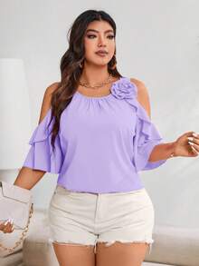 Vionelle Plus Cold Shoulder Ruffle Trim Blouse For Summer For New Year Clothes - Mauve Purple - View 6