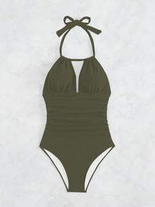 Swim Vcay 女款掛脖綁帶條紋圖案一件式泳衣 - 軍綠色 - 查看 3