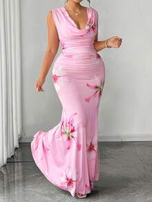 Elenzga Große Größen Damen gestricktes elegantes Kleid mit tiefem Ausschnitt, ärmellos, seitlich gerafft, körperbetont, Soft Pink Blume Muster - Pink - Übersicht 6