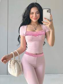 Sweetina 蕾絲背心上衣 & 喇叭褲 2件組，女孩休閒T恤 - 淺粉色 - 查看 5