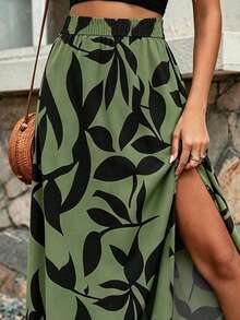 EMERY ROSE Plus Size Olive Green Tropical Leaf Print Elastic High Waist Side High Slit Flowy A-Line Maxi Skirt Women Summer Beach Vacation Long Casual - Multicolor - View 3