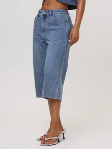MUSERA Blue Denim Fitted Capri Three Quarter Length Low Rise Pants - Blue - View 3