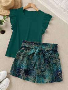 Comfylo Plus Size Women's Solid Color Round Neck Ruffle Sleeve Top And Cashew Print Shorts 2-Piece Set, Suitable For Summer Vacation And Casual Wear - Multicolor - View 1