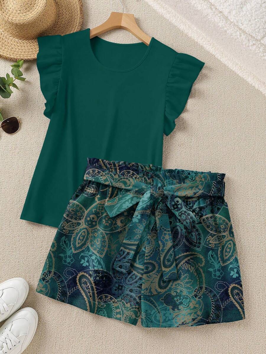 Comfylo Plus Size Women's Solid Color Round Neck Ruffle Sleeve Top And Cashew Print Shorts 2-Piece Set, Suitable For Summer Vacation And Casual Wear - Multicolor - View 1