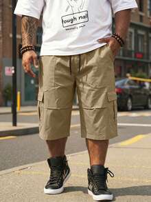 Manfinity Homme Plus Size Men's Solid Color Drawstring Waist Loose Casual Capri Pants, Spring/Summer - Khaki - View 2