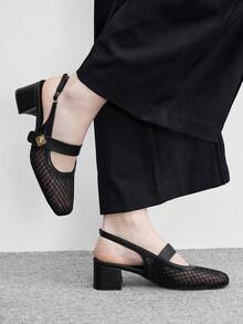CUCCOO BIZCHIC 女款時尚高跟鞋，扣飾粗跟網紗材質，全球四季通勤，優雅百搭，適合節日度假、辦公室、戶外日常穿搭 - 耀夜黑 - 查看 7