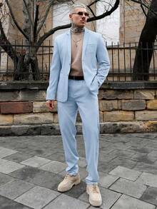 Artur Kramer Men's Solid Color Casual Commuter Blazer & Pants Formal Suit Clothes Formal - Baby Blue - View 6