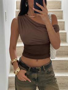 Firerie Women's Summer Elegant Sexy Romantic Fashion Commuter Asymmetric Neck Slim Fit Shades Of Brown T-Shirt Top, Solid Color Ruched Mesh Top, Going Out - Coffee Brown - View 5