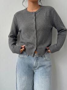 SHEIN Tall CURVE 大尺碼休閒素色圓領長袖寬鬆短版女款開襟針織外套 - 灰色 - 查看 3