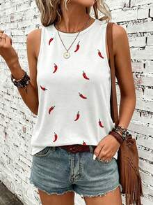 SHEIN LUNE Áo ba lỗ nữ cotton nguyên chất thêu họa tiết ớt - trắng - Xem 3