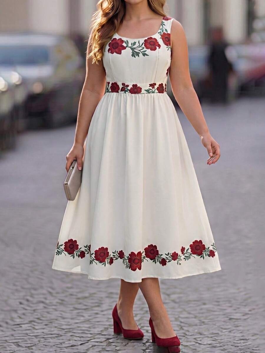 Velvienne Vestido de mujer talla grande con estampado de ubicación al estilo francés para primavera/verano, vestido para ir al trabajo y de vacaciones - Multicolor - Ver 1