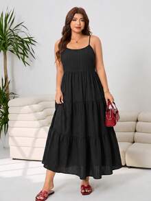 Solflare Vestido camisola de talla grande para mujer de unicolor con rayas verticales, espalda descubierta, tirantes con lazo y dobladillo con volantes multicapa - Negro - Ver 3