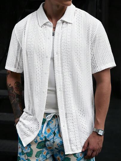 Manfinity CasualCool Men's Textured Jacquard Short Sleeve Shirt, White Textured Short Sleeve Top, Casual Daily Commute Outfit Top