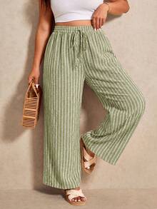 Elaquor Plus Size Women's Light Green Drawstring Waist Loose Long Pants Summer Versatile Beach Vacation Casual - Green - View 6