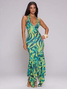 MUSERA Animal Print Slinky Plunge Halterneck Ruched Fitted Asymmetric Midi Dress Spring Summer Holiday Vacation Beach Ibiza Festival Party Elegant Divinity - Green - View 3