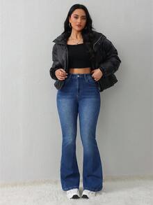 SHEIN Tall 女款鈕扣半開襟口袋修身百搭喇叭牛仔褲，適合高個女性 - 中等水洗藍 - 查看 5
