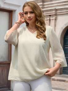 EMERY ROSE Women's Plus Size V-Neck Pullover Blouse Elegant Romantic Vacation Elegant Commute Summer Outfits For Women  Elegant Women's Blouses Fall - Multicolor - View 4