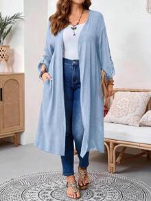 EMERY ROSE Plus Size Solid Color Casual Vacation Jacket Fall - Blue - View 3