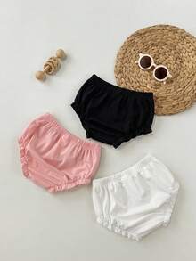 3pcs Baby Girl Knitted Casual Solid Color Elastic Waist Triangle Briefs - Black and White - View 2