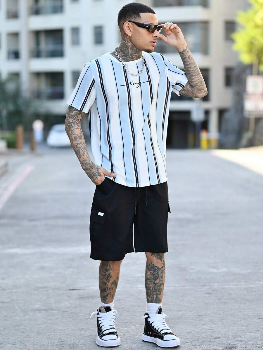 Devon Thys 男士简约百搭条纹字母印花短袖休闲T恤 - 藍色 - 查看 1