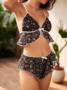 Lullawish Romantic Floral Chiffon Print Bohemian Style Camisole & Shorts Pajama Set For Women - Multicolor - View 5