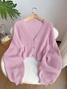 SHEIN EZwear 大尺碼女款秋冬休閒度假通勤簡約純色V領落肩寬鬆短版開襟衫 - 淺粉色 - 查看 1