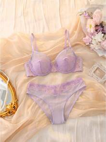 DelicateAllure 2pcs Purple Lace Patchwork 3/4 Cup Underwire Romantic French Style Lift & Gather Women's Lingerie Set - Lilac Purple - View 1