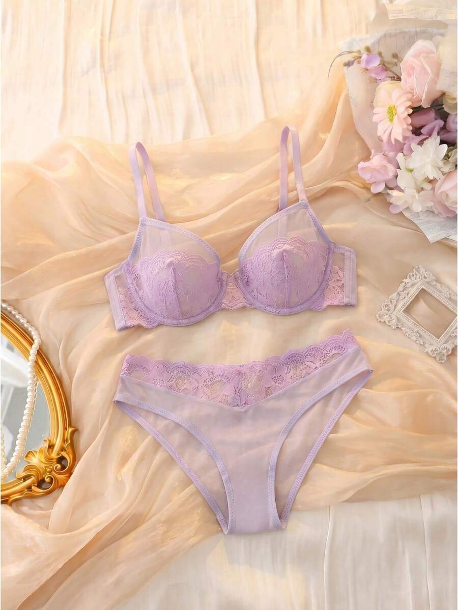 DelicateAllure 2pcs Purple Lace Patchwork 3/4 Cup Underwire Romantic French Style Lift & Gather Women's Lingerie Set - Lilac Purple - View 1