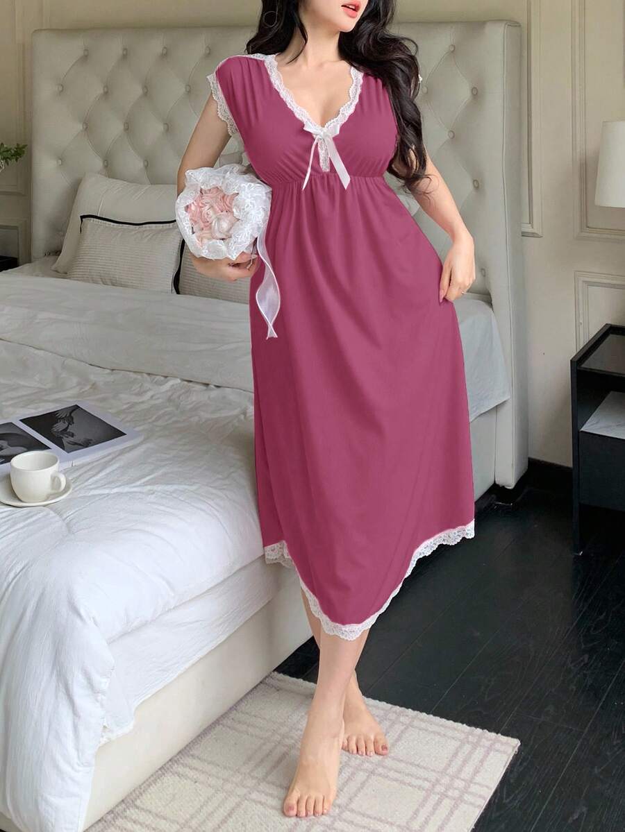 SHEIN 女款深V領蝴蝶結睡袍 - 粉色 - 查看 1