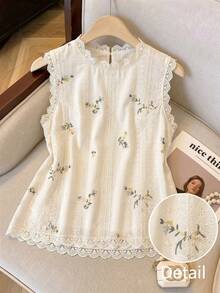 GlowEve CURVE Blusa de mujer talla grande de verano elegante y de moda con cuello redondo, sin mangas, bordado floral y patchwork de encaje - Albaricoque - Ver 9