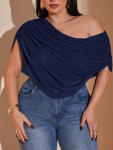 SHEIN BAE Bodysuit Wanita Ukuran Plus Musim Semi/Panas dengan Leher Asimetris dan Ruffle, Bodysuit Liburan, Atasan, Biru Tua untuk Kencan Malam - Navy Blue - View 5