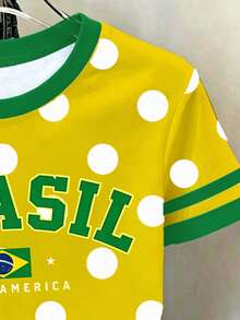SHEIN 1件青少年女孩休閒舒適時尚簡約鮮豔陽光黃復古風綠色Brazil字母印花短袖T恤，春夏款，適合日常穿著 - 彩色 - 查看 3