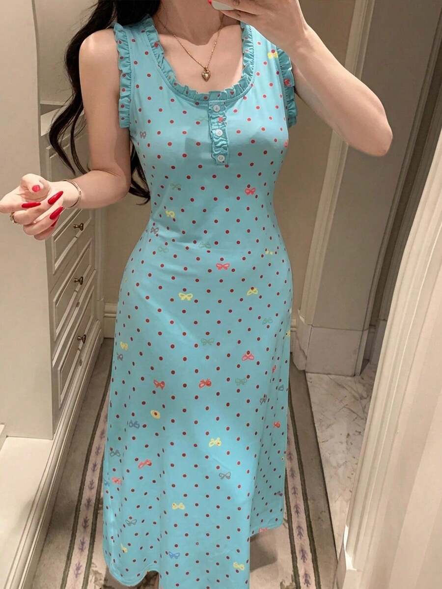 DAZY Sweet Polka Dot Bow Print All-Over Print Ruched Ruffle Trim Sleeveless Cinched Waist Women's Nightgown Summer - Green - View 1
