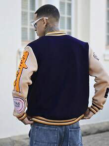Devon Thys Aesthetic Post--Men's Solid Color Patchwork Front Button Letter Print Casual Baseball Jacket, Going Out Street Wear Long Sleeve Rave Color Block Jacket, For Friends, Husband, Boyfriend Gifts, For Fall - Multicolor - View 6
