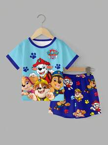SHEIN | PAW Patrol 男嬰簡單經典可愛卡通動畫印花圓領上衣與短褲家居服 寬鬆舒適 2件套 適合夏季 - 彩色 - 查看 2