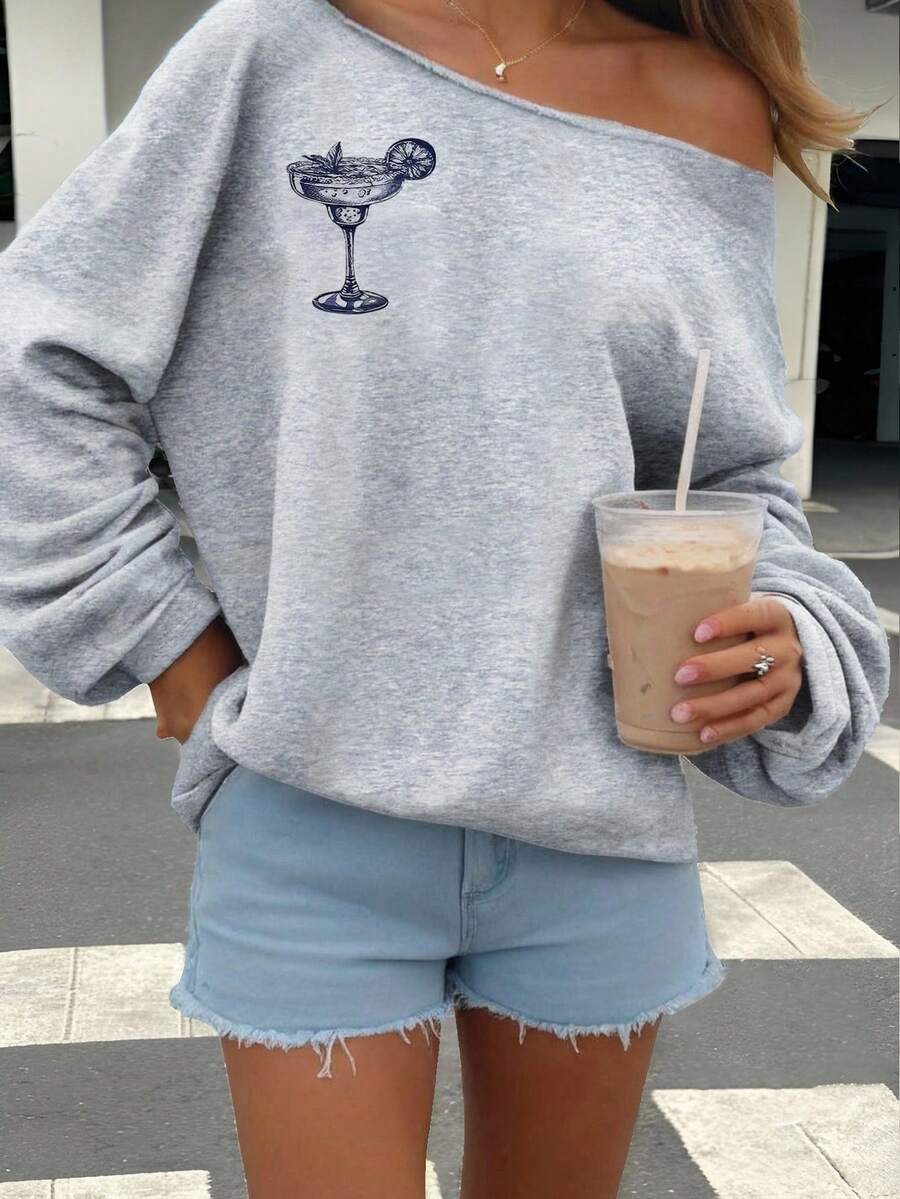 SHEIN EZwear 淺灰色女款露肩寬鬆休閒圖案長袖衛衣,適合日常秋季早午餐穿著 - 淺灰色 - 查看 1