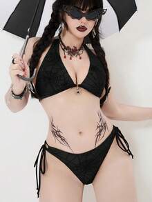 ROMWE Goth 女士夏季沙滩蜘蛛网印花露背系带性感比基尼泳装套装 - 深灰色 - 查看 7