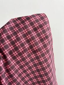 Elamini Women's Spring/Summer Red Plaid Shirt, Sexy Retro Casual Short Sleeve, Bow Decor Chest Design, Slim Fit - Hot Pink - View 7