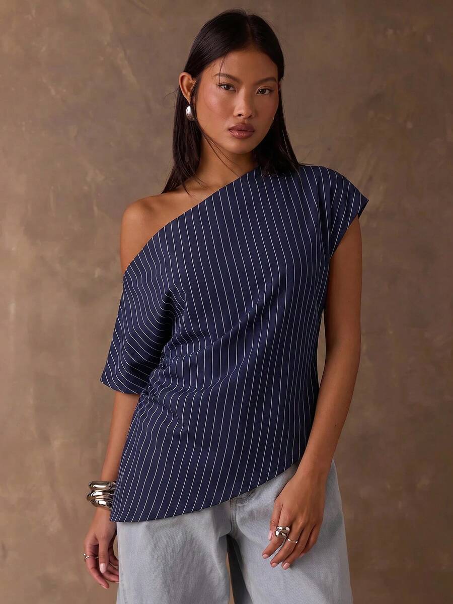 SHEIN BAE 女款條紋不對稱領口抓皺不對稱下擺T恤 - 藍白色 - 查看 1