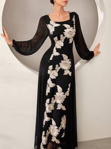 Graceveil Black Embroidered Contrast Mesh Elegant Fashionable Evening Ball Gown Long Dress For Women - Black - View 7