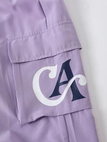 Casuvi Kids 青少年女孩T恤套裝，都市休閒圓領落肩寬鬆拼接色塊復古美式字母可愛甜美活力短袖套裝+ - 淡紫色 - 查看 8