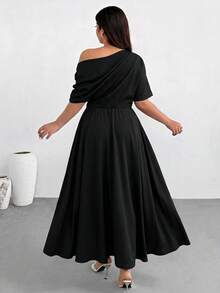 Firerie Short-Sleeved, Off-Shoulder, Lace-Trimmed, Plus-Size Fitted Waist Flared Maxi Dress / Elegant Work Dress - Black - View 3