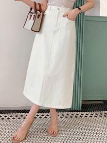 DAZY Solid Color Slit Pocket Women Straight Long Casual Denim Skirt Jeans Skirt - White - View 7