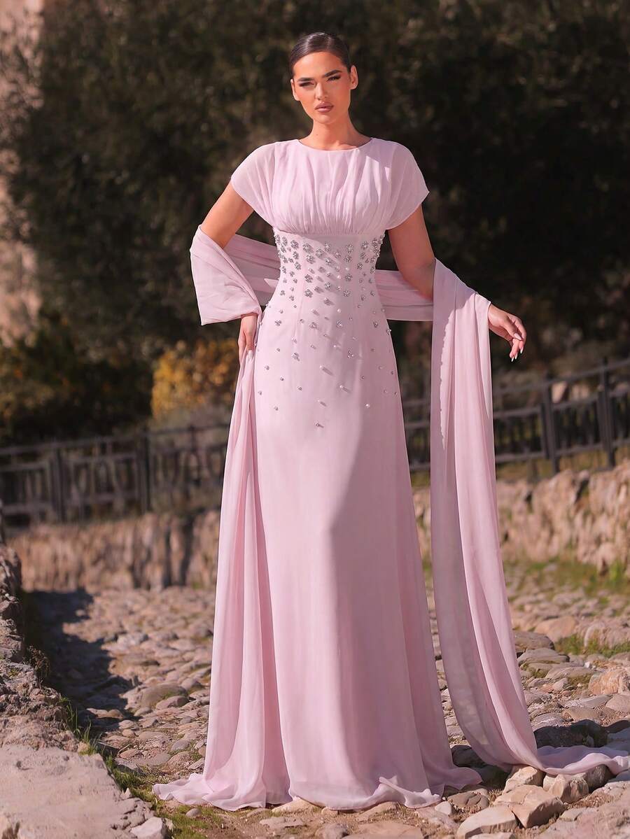 Aureia 优雅浪漫的时尚雪纺面料水钻装饰褶皱A字型正式晚礼服,适合婚礼宾客、单身派对、正式晚宴等场合。 - 粉色 - 查看 1