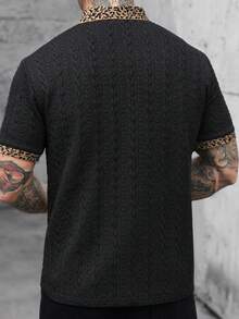 Manfinity Homme Camisa polo formal de hombre con textura de punto jacquard, estampado de leopardo, cuello y puños acanalados, para ceremonia - Negro - Ver 2